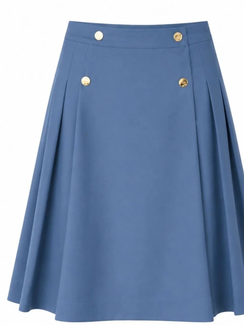 Blue Pleated Skirt with Gold Button Accents